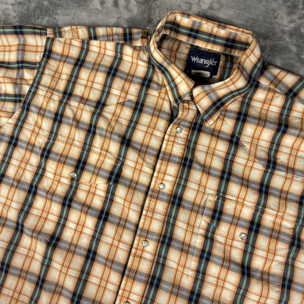 Wrangler Shirt Mens 3XL Orangle Plaid Pearl Snap Flap Pockets Short Sleeve Rodeo